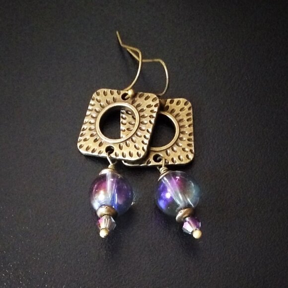 Hand Crafted Jewelry - Bronze Dangle Earrings w. Purple Hued Beads + Crystals! Casual Boho City Chic